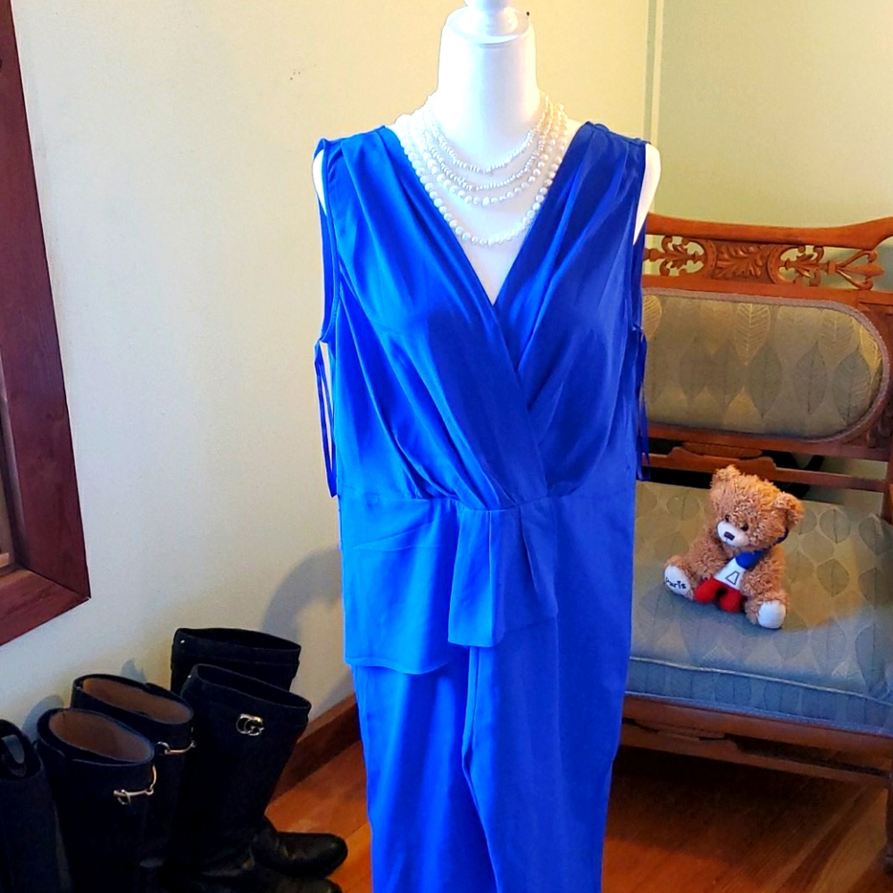 Slinky Capri Blue Jumpsuit Peplum V-neck Back Zip